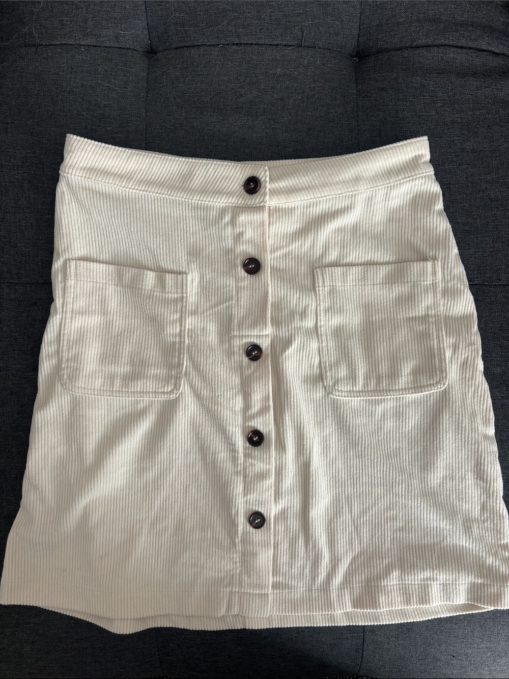 Cream Button-Front Corduroy Skirt with Patch Pockets